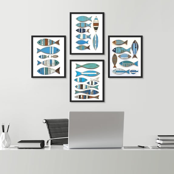 PixonSign Framed Wall Art Coastal Charm Wooden Fish Illustrations Posters, Set of 4 Rustic Nautical Fine Art Multicolor Boho Canvas Prints for Bedroom, Living Room, Office - 12"x16" Black