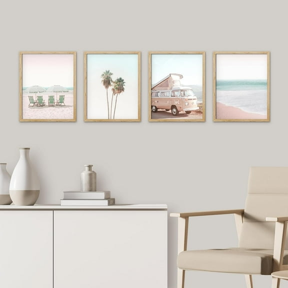 PixonSign Framed Wall Art, Collage Print Gallery Set 1980s Retro Miami Prints, Set of 4 Ocean Beach Landscape Wall Decor Prints, Nature Wilderness Wall Décor for Bedroom, Office - 12"x16" Natural