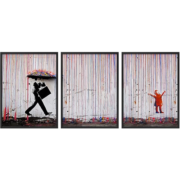 PixonSign Framed Wall Art Collage Print Gallery Set Banksy Inspired Rainbow Rain Explosion on London Street Abstract Shape Illustrations Modern Boho for Living Room, Bedroom, Office - 12"x16"x3 BLACK