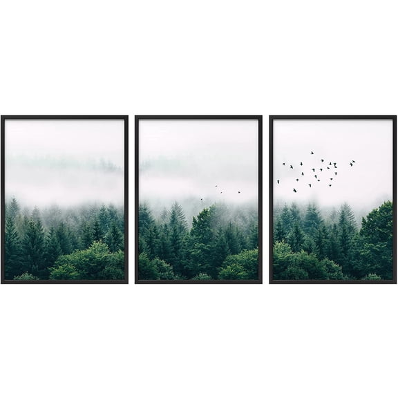 PixonSign Framed Wall Art Collage Print Gallery Set Birds Fly Over Cloudy Forest Nature Wilderness Photography Realism Rustic Landscape Relax/Calm for Living Room, Bedroom, Office - 12"x16"x3 BLACK