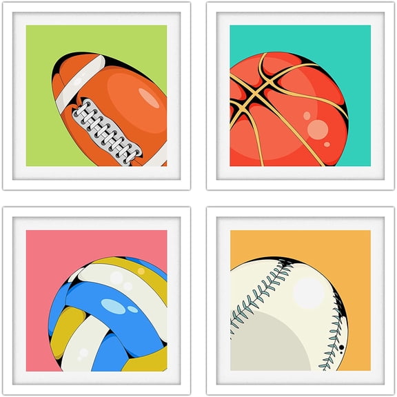 PixonSign Framed Wall Art Collage Print Gallery Set Cel-Shaded Football, Basketball, Volleyball Variety Sports Athletes Digital Art Pop Multicolor for Living Room, Bedroom, Office - 12"x12"x4 WHITE