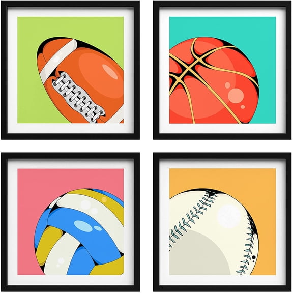 PixonSign Framed Wall Art Collage Print Gallery Set Cel-Shaded Football, Basketball, Volleyball Variety Sports Athletes Digital Art Pop Multicolor for Living Room, Bedroom, Office - 12"x12"x4 BLACK