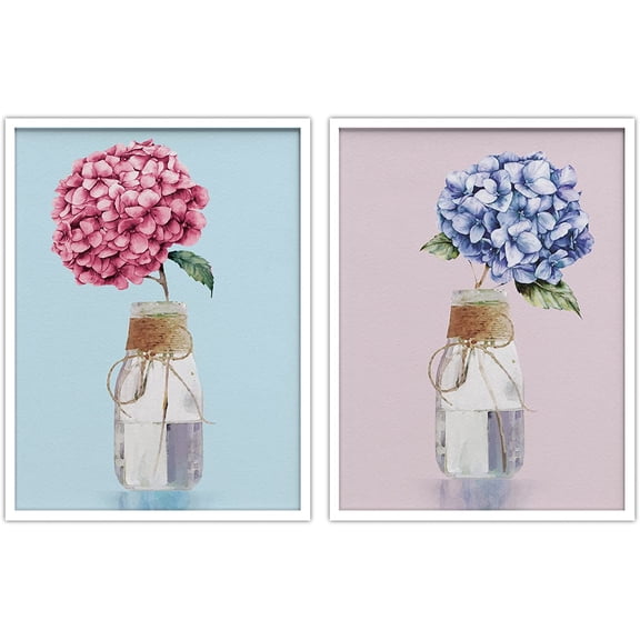 PixonSign Framed Wall Art Collage Print Gallery Set Duo of Pink and Purple Flowers in Mason Jars Botanical Plants Illustrations Modern Ultra for Living Room, Bedroom, Office - 12"x16"x2 WHITE