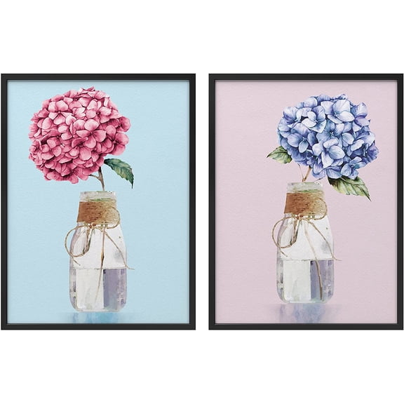 PixonSign Framed Wall Art Collage Print Gallery Set Duo of Pink and Purple Flowers in Mason Jars Botanical Plants Illustrations Modern Ultra for Living Room, Bedroom, Office - 12"x16"x2 BLACK
