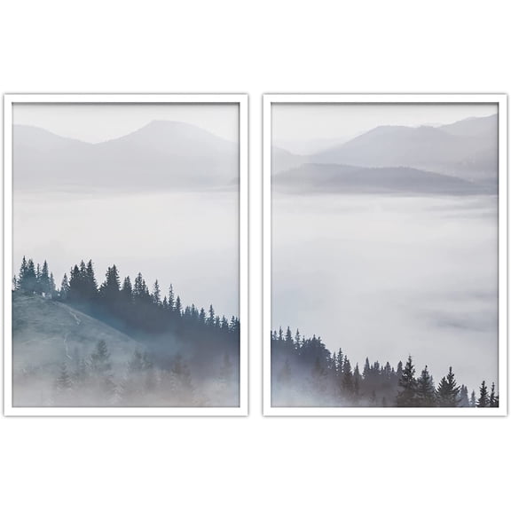 PixonSign Framed Wall Art Collage Print Gallery Set Forest with Distant Mountains Nature Wilderness Photography Realism Rustic Landscape Duotone for Living Room, Bedroom, Office - 12"x16"x2 WHITE