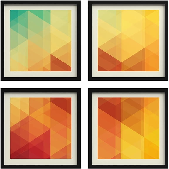 PixonSign Framed Wall Art Collage Print Gallery Set Green, Red & Yellow Triangle Collage Geometric Patterns Digital Art Abstract Modern Multicolor for Living Room, Bedroom, Office - 12"x12"x4 BLACK