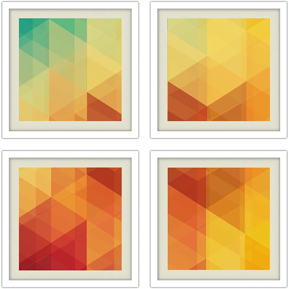 PixonSign Framed Wall Art Collage Print Gallery Set Green, Red & Yellow Triangle Collage Geometric Patterns Digital Art Abstract Modern Multicolor for Living Room, Bedroom, Office - 12"x12"x4 WHITE