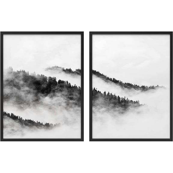 PixonSign Framed Wall Art Collage Print Gallery Set Misty Mountain Range Nature Wilderness Photography Realism Modern Landscape Black and White for Living Room, Bedroom, Office - 12"x16"x2 BLACK