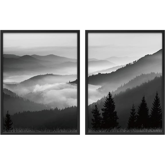 PixonSign Framed Wall Art Collage Print Gallery Set Mountain Valley with Mist Nature Wilderness Photography Realism Rustic Landscape Black and White for Living Room, Bedroom, Office - 12"x16"x2 BLACK