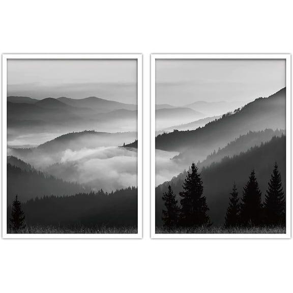PixonSign Framed Wall Art Collage Print Gallery Set Mountain Valley with Mist Nature Wilderness Photography Realism Rustic Landscape Black and White for Living Room, Bedroom, Office - 12"x16"x2 WHITE
