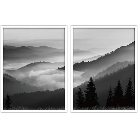 PixonSign Framed Wall Art Collage Print Gallery Set Mountain Valley with Mist Nature Wilderness Photography Realism Rustic Landscape Black and White for Living Room, Bedroom, Office - 12"x16"x2 WHITE