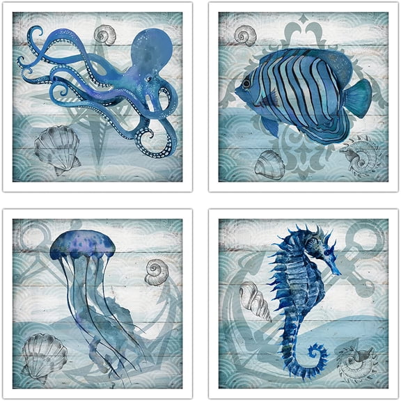 PixonSign Framed Wall Art Collage Print Gallery Set Octopus, Clownfish, Jellyfish Amphibians Wilderness Digital Art Modern Nautical Multicolor Blue for Living Room, Bedroom, Office - 12"x12"x4 WHITE