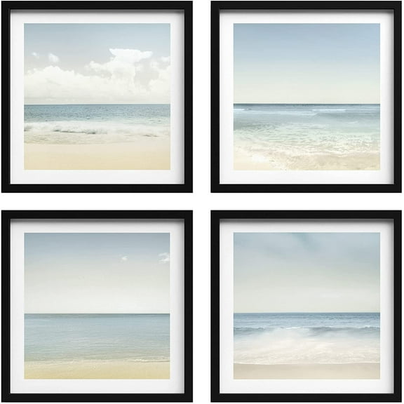 PixonSign Framed Wall Art Collage Print Gallery Set Pastel Sandy Beach and Ocean Waves Nature Wilderness Photography Realism Nautical Landscape Cool for Living Room, Bedroom, Office - 12"x12"x4 BLACK