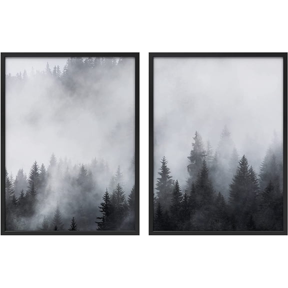 PixonSign Framed Wall Art Collage Print Gallery Set Pine Trees Below Mist Nature Wilderness Photography Realism Rustic Landscape Black and White for Living Room, Bedroom, Office - 12"x16"x2 BLACK