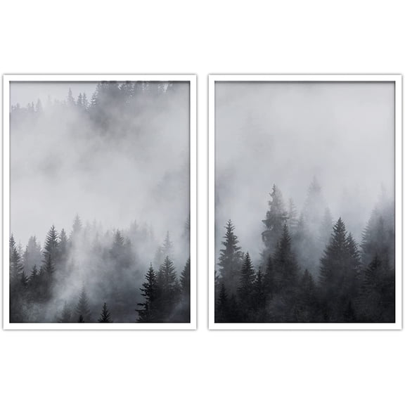 PixonSign Framed Wall Art Collage Print Gallery Set Pine Trees Below Mist Nature Wilderness Photography Realism Rustic Landscape Black and White for Living Room, Bedroom, Office - 12"x16"x2 WHITE