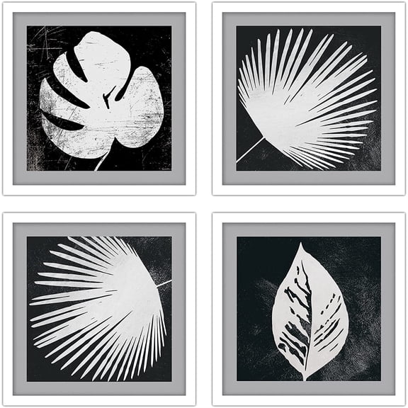 PixonSign Framed Wall Art Collage Print Gallery Set Tropical Jungle Leaf Silhouettes Nature Wilderness Illustrations Minimalism Beach Black White for Living Room, Bedroom, Office - 12"x12"x4 WHITE