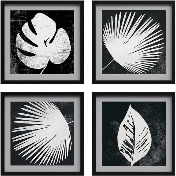 PixonSign Framed Wall Art Collage Print Gallery Set Tropical Jungle Leaf Silhouettes Nature Wilderness Illustrations Minimalism Beach Black White for Living Room, Bedroom, Office - 12"x12"x4 BLACK