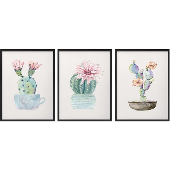 PixonSign Framed Wall Art Collage Print Gallery Set Watercolor Blooming Flower Desert Cactus Succulents Nature Floral Illustrations Modern Scenic for Living Room, Bedroom, Office - 12"x16"x3 BLACK