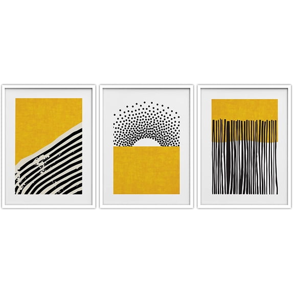 PixonSign Framed Wall Art Collage Print Gallery Set Yellow Black Paint Stroke and Polygon Color Block Variety Abstract Shapes Illustrations Modern for Living Room, Bedroom, Office - 12"x16"x3 WHITE