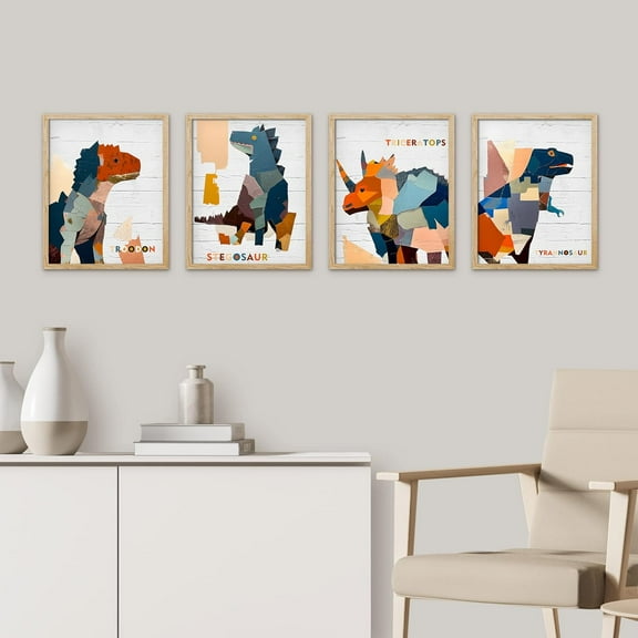 PixonSign Framed Wall Art, Colorful Dinosaur Collage Prints, Set of 4 Boy's Bedroom Illustration Wall Decor, Multicolor Contemporary Wall Décor, Modern Adhesive Canvas Posters - 12"x16" Natural