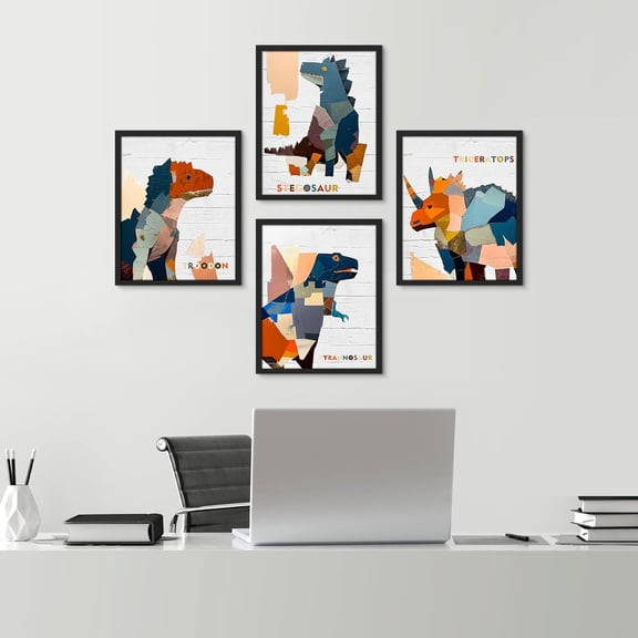PixonSign Framed Wall Art, Colorful Dinosaur Collage Prints, Set of 4 Boy's Bedroom Illustration Wall Decor, Multicolor Contemporary Wall Décor, Modern Adhesive Canvas Posters - 8"x10" Black