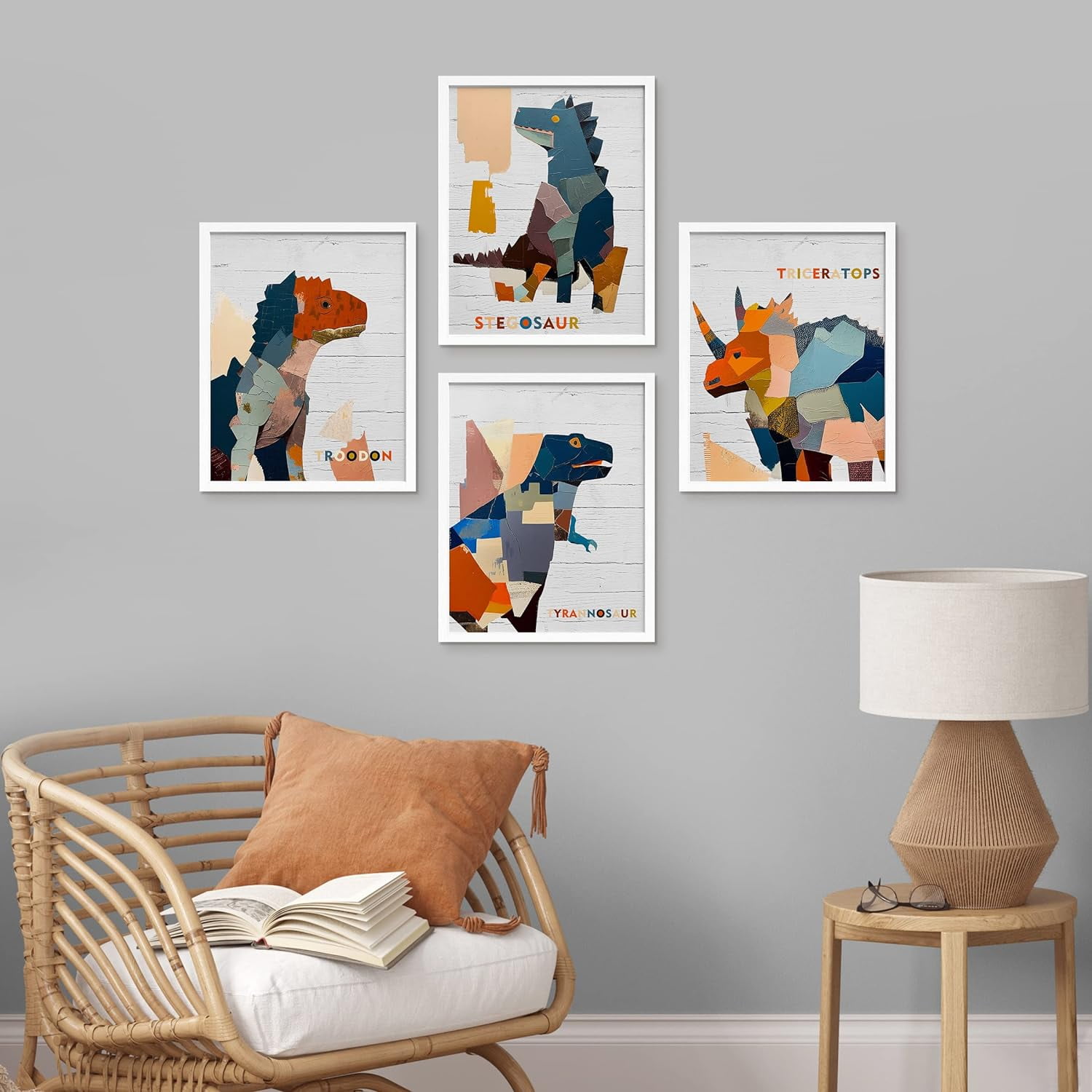 PixonSign Framed Wall Art, Colorful Dinosaur Collage Prints, Set of 4 Boy's Bedroom Illustration Wall Decor, Multicolor Contemporary Wall Décor, Modern Adhesive Canvas Posters - 11"x14" White