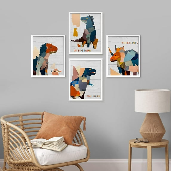 PixonSign Framed Wall Art, Colorful Dinosaur Collage Prints, Set of 4 Boy's Bedroom Illustration Wall Decor, Multicolor Contemporary Wall Décor, Modern Adhesive Canvas Posters - 8"x10" White