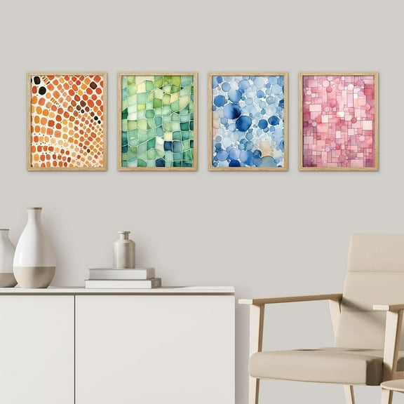 PixonSign Framed Wall Art Colorful Geometric Watercolor Dots Posters, Set of 4 Abstract Prints, Modern Artwork Wall Decor, Minimalist Wall Décor for Living Room, Bedroom, Office - 8"x10" Natural