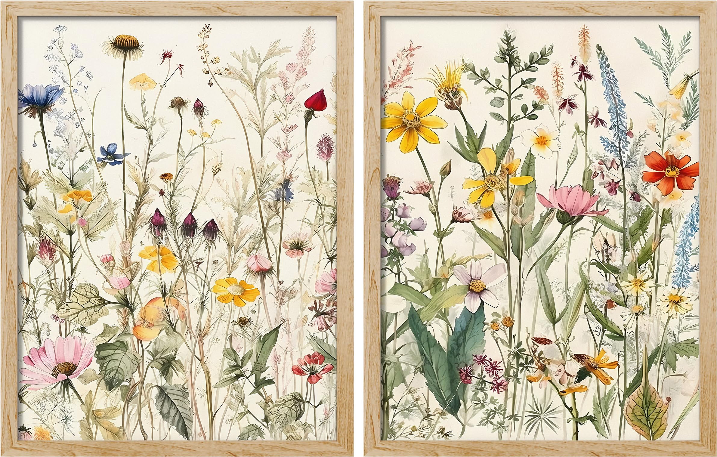 PixonSign Framed Wall Art Colorful Wildflowers Garden Floral Posters, Set of 2 Nature Wilderness Botanical Illustrations Wall Decor, Adhesive Canvas Prints for Home Decor - 11"x14" Natural