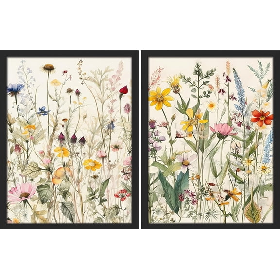 PixonSign Framed Wall Art Colorful Wildflowers Garden Floral Posters, Set of 2 Nature Wilderness Botanical Illustrations Wall Decor, Adhesive Canvas Prints for Home Decor - 12"x16" Black