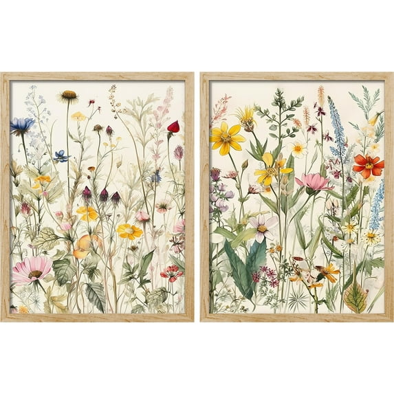 PixonSign Framed Wall Art Colorful Wildflowers Garden Floral Posters, Set of 2 Nature Wilderness Botanical Illustrations Wall Decor, Adhesive Canvas Prints for Home Decor - 11"x14" Natural