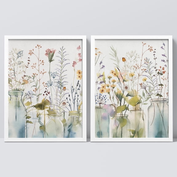 PixonSign Framed Wall Art Colorful Wildflowers In Vases Posters, Set of 2 Nature Wilderness Floral Botanical Illustrations Wall Decor, Adhesive Canvas Prints for Home Decor - 11"x14" White