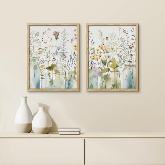 PixonSign Framed Wall Art Colorful Wildflowers In Vases Posters, Set of 2 Nature Wilderness Floral Botanical Illustrations Wall Decor, Adhesive Canvas Prints for Home Decor - 11"x14" Natural
