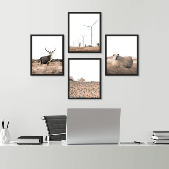 PixonSign Framed Wall Art Country Deer & Antelope Prints, Set of 4 Southwest Desert Animals Landscape Wall Decors, Nature Wall Décor, Adhesive Canvas Poster, Modern Home Artwork - 8"x10" Black