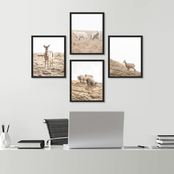 PixonSign Framed Wall Art Country Field Sheep & Deer Prints, Set of 4 Southwest Animals Photography Wall Decors, Nature Wall Décor, Adhesive Canvas Poster, Modern Home Artwork - 8"x10" Black
