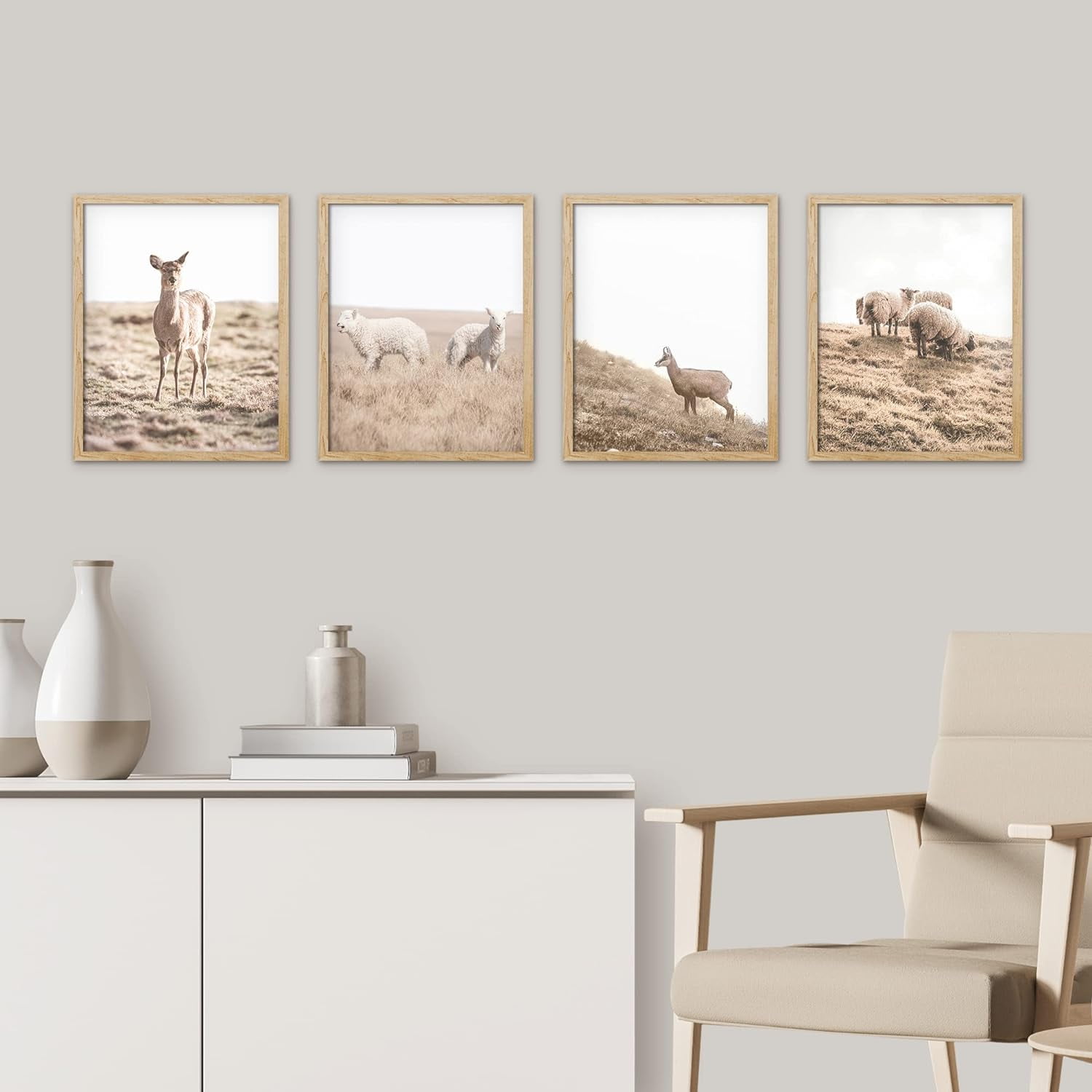 PixonSign Framed Wall Art Country Field Sheep & Deer Prints, Set of 4 ...