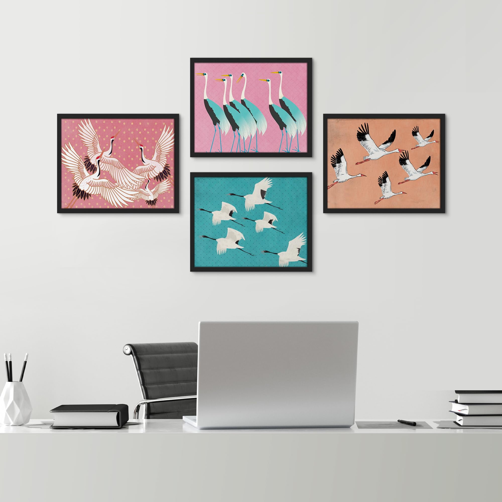 PixonSign Framed Wall Art Crane Birds Pattern Prints, Set of 4 Nature