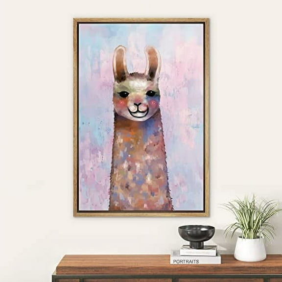 PixonSign Framed Wall Art Cute Pink Watercolor Pastel Farm Llama Nature Animals Portrait Artwork Cartoon Oil Paintings Modern Canvas Prints Colorful Fine Art for Rooms - 24"x36" Natural