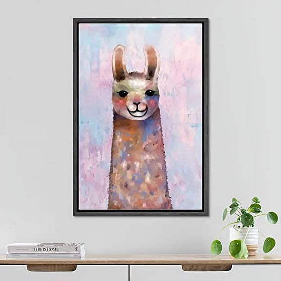 PixonSign Framed Wall Art Cute Pink Watercolor Pastel Farm Llama Nature Animals Portrait Artwork Cartoon Oil Paintings Modern Canvas Prints Colorful Fine Art for Rooms - 24"x36" Black