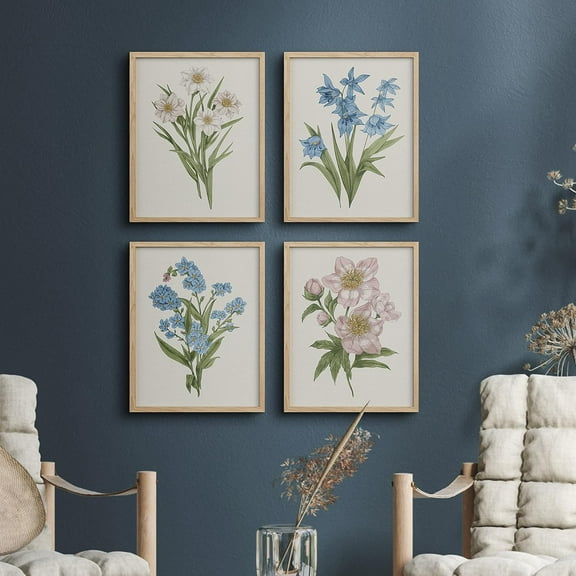 PixonSign Framed Wall Art Daisy Magnolia Floral, Set of 4 Vibrant Blue & Pink Wildflowers Wall Decor Arts, Nature Plant Wall Décor, Adhesive Canvas Poster, Modern Home Artwork - 11"x14" Natural