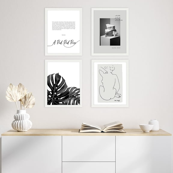 PixonSign Framed Wall Art Dark Duotone Abstract Shape Posters, Set of 4 Minimalist Monstera Leaf & Matisse Illustrations Wall Decor, Adhesive Canvas Prints for Home Decor - 8"x10" White