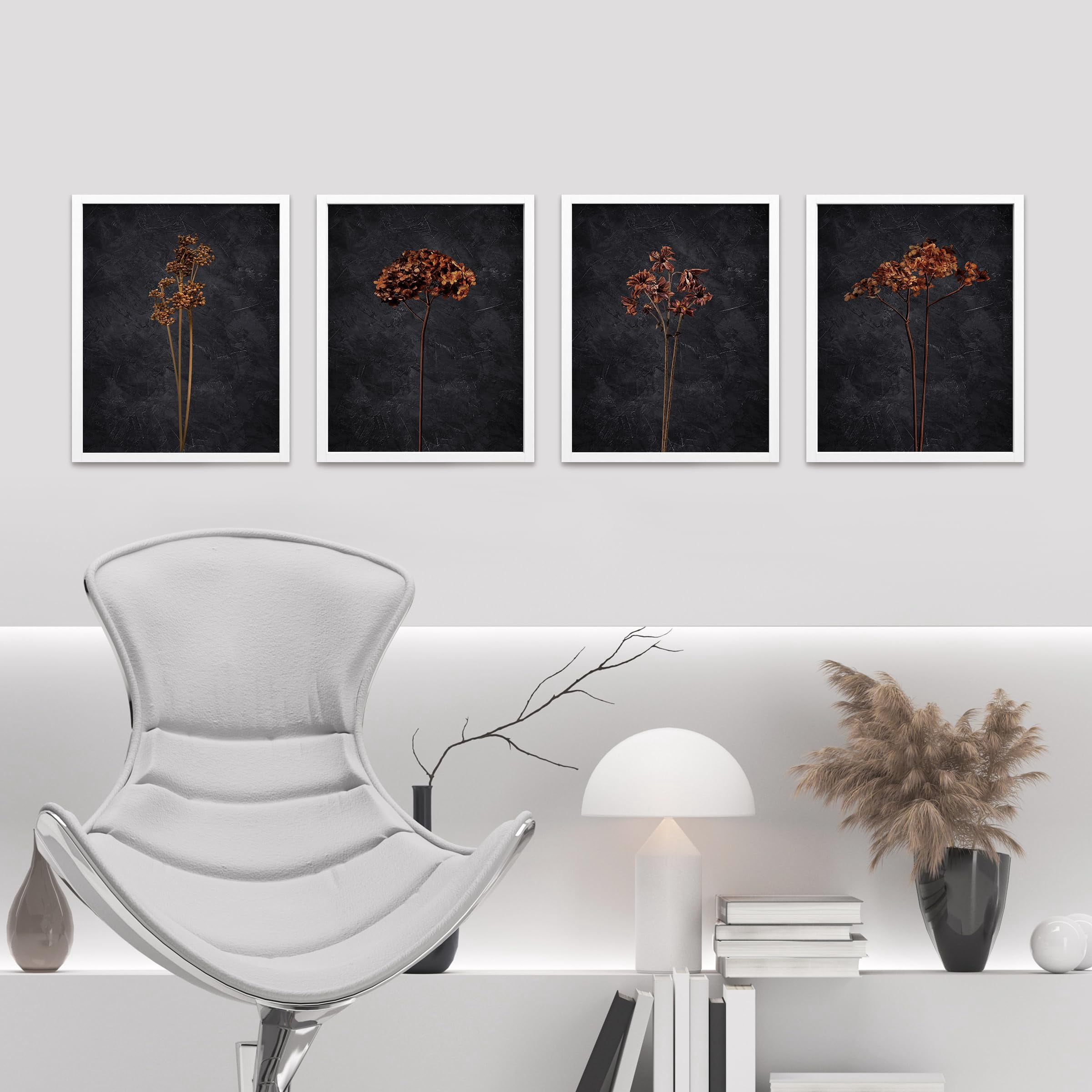 PixonSign Framed Wall Art Dark Moody Floral Prints, Set of 4 Wildflower ...