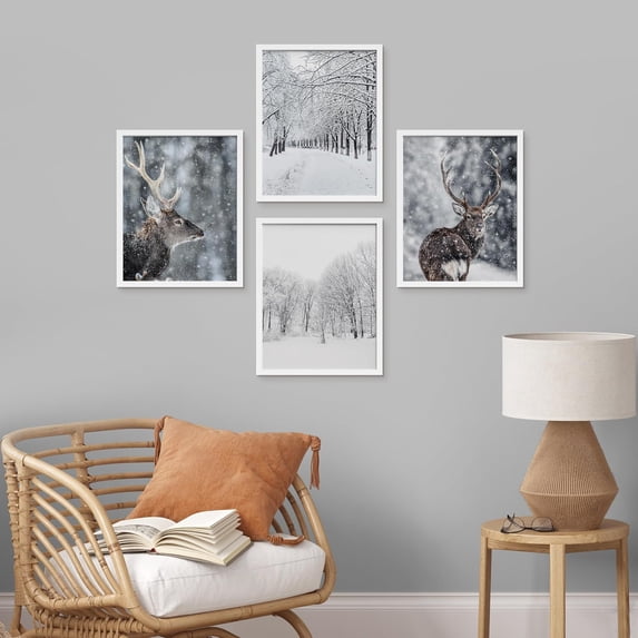 PixonSign Framed Wall Art Deer Birch Forest Tree, Set of 4 Nature Winter Snow Landscape Wall Decor Arts, Photography Wall Décor, Adhesive Canvas Posters, Modern Home Artwork - 11"x14" White