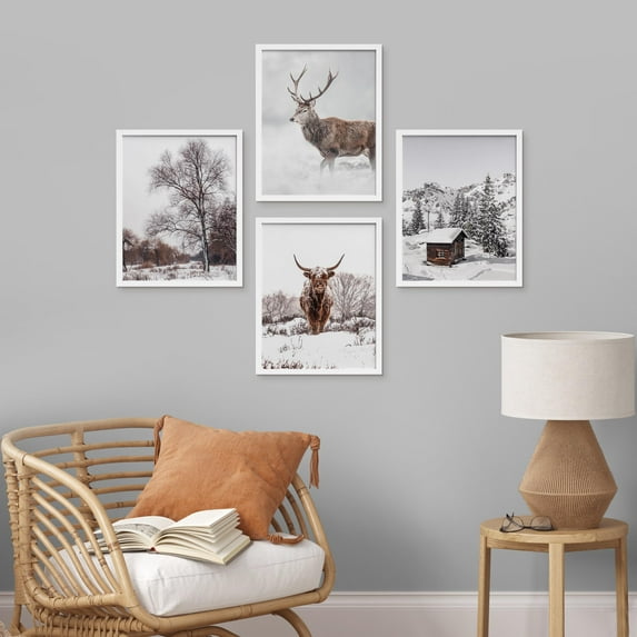 PixonSign Framed Wall Art Deer Winter Snow Frost Tree Cabin, Set of 4 Nature Wilderness Wall Decor Arts, Animal Wall Décor, Adhesive Canvas Poster, Modern Home Artwork - 8"x10" White