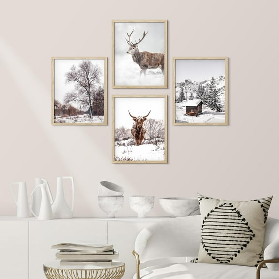 PixonSign Framed Wall Art Deer Winter Snow Frost Tree Cabin, Set of 4 Nature Wilderness Wall Decor Arts, Animal Wall Décor, Adhesive Canvas Poster, Modern Home Artwork - 11"x14" Natural