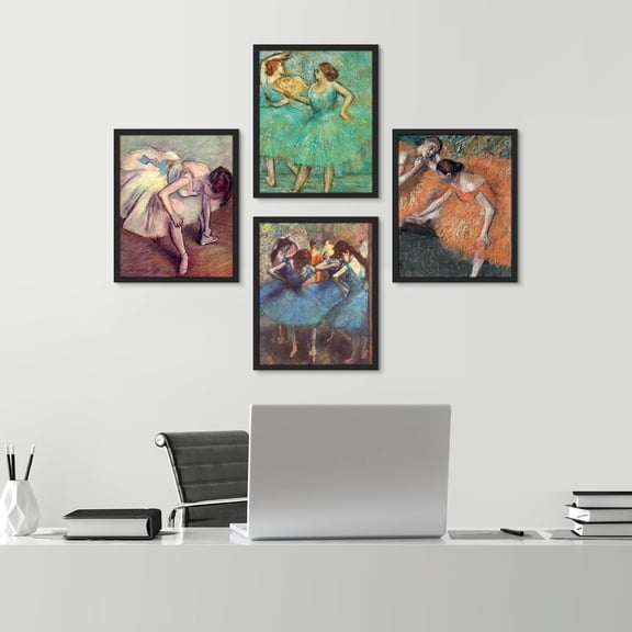 PixonSign Framed Wall Art Degas Ballet Dancers Collection Posters, Set of 4 Impressionist Dance Colorful Illustrations Wall Decor, Vintage Chic Adhesive Canvas Prints - 11"x14" Black
