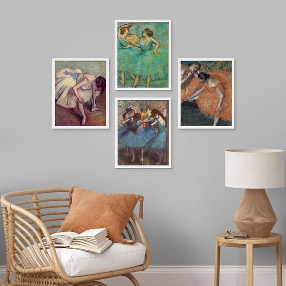 PixonSign Framed Wall Art Degas Ballet Dancers Collection Posters, Set of 4 Impressionist Dance Colorful Illustrations Wall Decor, Vintage Chic Adhesive Canvas Prints - 12"x16" White