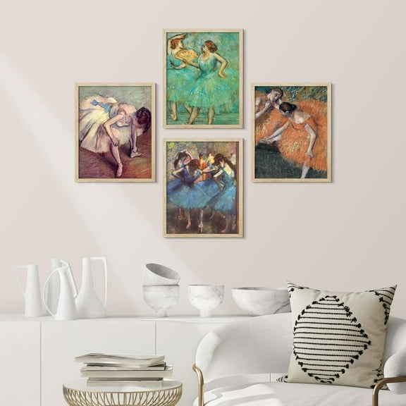 PixonSign Framed Wall Art Degas Ballet Dancers Collection Posters, Set of 4 Impressionist Dance Colorful Illustrations Wall Decor, Vintage Chic Adhesive Canvas Prints - 12"x16" Natural