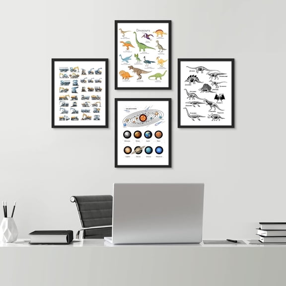 PixonSign Framed Wall Art, Dinosaur Planet Solar System Chart Posters, Adhesive Canvas Prints, Set of 4 Boy's Bedroom Illustration Wall Decor, Contemporary Décor for Living Room - 12"x16" Black