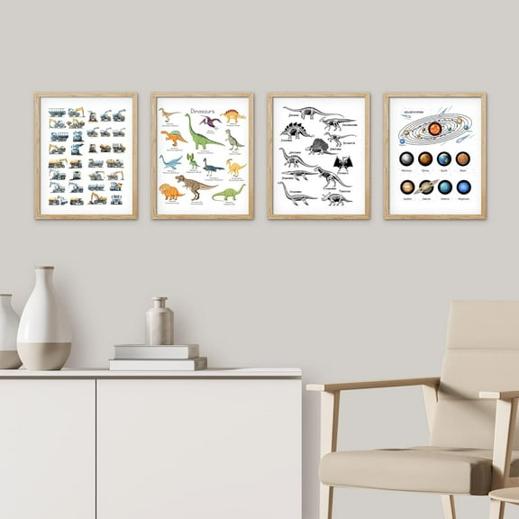 PixonSign Framed Wall Art, Dinosaur Planet Solar System Chart Posters, Adhesive Canvas Prints, Set of 4 Boy's Bedroom Illustration Wall Decor, Contemporary Décor for Living Room - 8"x10" Natural